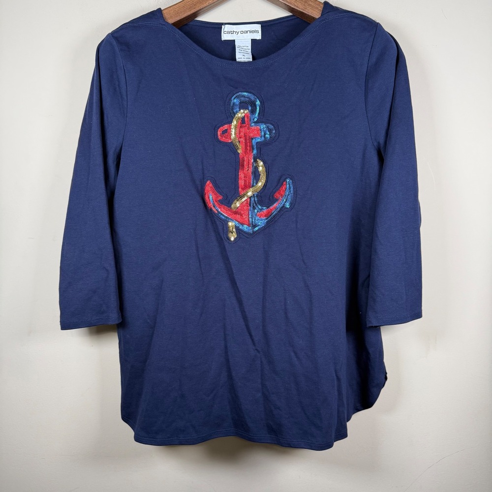 Cathy Daniels Sequin Anchor Boat Neck Top XL Nautical Nantucket Coastal